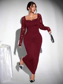 Firerie Damen Große Größen Neues Lässiges Elegantes Bodycon Spitze Patchwork Kleid, Schwarzes Kleid, Verführerisches Kleid, Geeignet für Partys, Dates, Romantische Nächte, Galas, Meerjungfrauenkleid