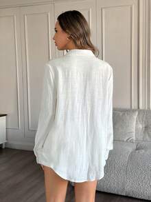 HautHeat Pijama superior de manga larga con botones y unicolor para mujer - Blanco - Ver 2