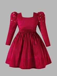 Young Girl Ruched Square Neck Waist Puff Sleeve Beaded Christmas Dress, Elegant And Fashionable For Parties, Birthdays Or Everyday Wear - Red - View 2