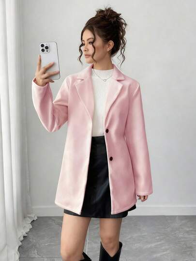 Sparklyn Elegant Wool Blend Jacket For Teen GirlCasual & Versatile, Featuring A Belt, Two Black Buttons, And A Lapel Collar Design, Suitable For School, Commuting, Shopping, And Casual Outings, Can Be Paired With Pants, Sweatpants, Long Sleeve Tops, And Sweaters