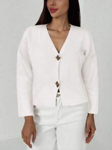 Aloruh New Simple And Fashionable Office Commuting Deep V Neck Long Sleeve Slim Button Cardigan, Versatile Casual Knitted Sweater In Fall/Winter - White - View 3