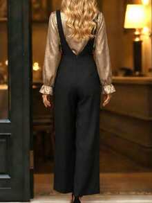 EMERY ROSE Women's Black Deep V-Neck Ruched Waist Jumpsuit With Front Panel, Elegant And Sophisticated Teacher's Outfit, Suitable For Independence Day, Autumn - Black - View 2