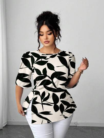 Elenzga Blusa ajustada con decoración de cuentas, de manga corta, con estampado floral digital en base negra y color albaricoque, para mujer de talla grande