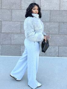 Alexandranx Women's Casual Light Gray Faux Wool Short Padded Coat In Fall/Winter - Light Grey - View 5