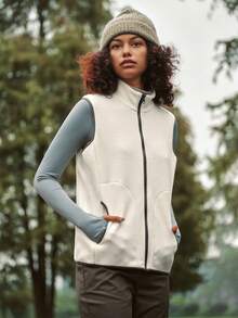 In My Nature 女士拉链前袋休闲背心，户外抓绒外套 - 米色 - 查看 1
