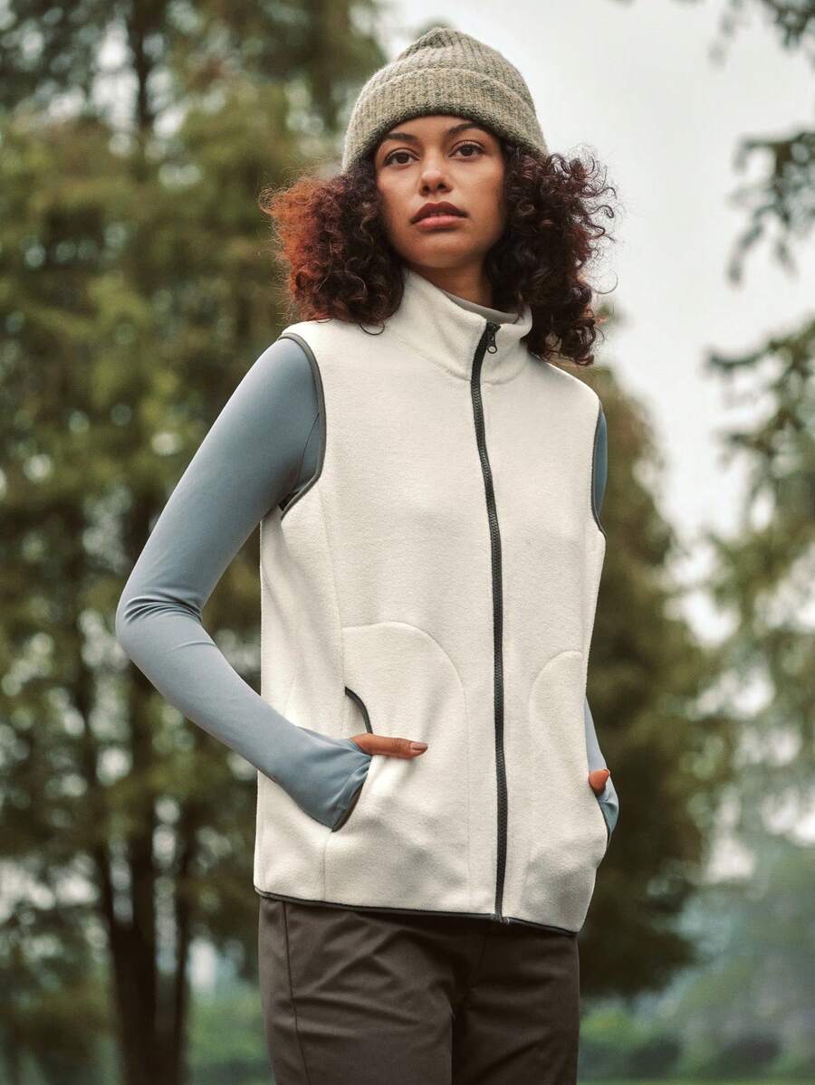 In My Nature 女士拉链前袋休闲背心，户外抓绒外套 - 米色 - 查看 1