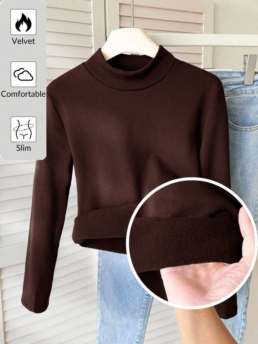 SHEIN Tween Girls' Brown Solid Thermal Turtleneck Long Sleeve T-Shirt,Casual School Winter Velvet Slim Tops For Halloween Christmas New Year Outings - Coffee Brown - View 1
