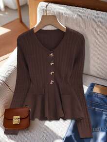 GlowEve Elegant Chic Minimalist Hollow Out Round Neck Long Sleeve Ruffle Hem Pocket Metallic Bow Button Twist Texture Sweater For Women, Autumn/Winter