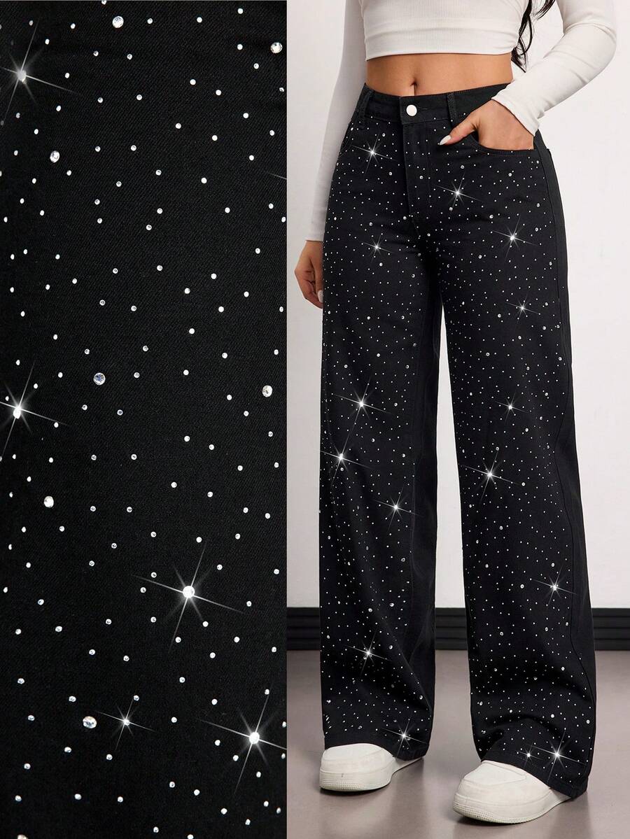 SHEIN Tall Winter Spring Women's Fashion Commuter Rhinestone Embellished Vacation Straight Leg Black Denim Jeans - Black - View 1