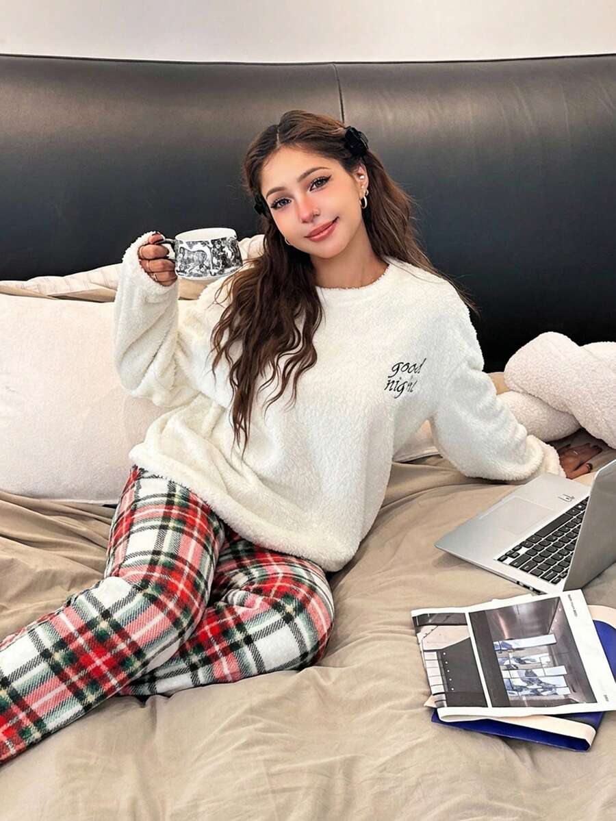 Tween Girl Red And White Plaid Pajama Set,Autumn Casual Lounge Long Sleeve Round Neck Fleece Top&Plaid Pants,Teen Fluffy Soft 2 Piece Sleep Wear Set - Red - View 1