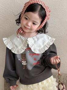 DAZY Toddler Girls' Peter Pan Collar Cartoon Print Long Sleeve Top - Grey - View 1