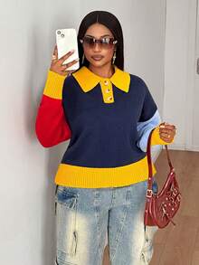 Maweii Femmes Décontracté Simple Polyvalent Style Universitaire Jeune Mode Navetteur Rue Fête Polo Chemise Bouton Manches Longues Épaule Tombante blocs de couleurs Col Ample Droit Ajusté Plus Taille Tricot Pull Top, Automne Hiver - Multicolore - Voir 1