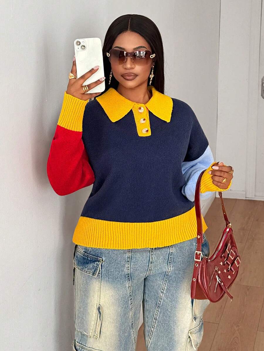 Maweii Femmes Décontracté Simple Polyvalent Style Universitaire Jeune Mode Navetteur Rue Fête Polo Chemise Bouton Manches Longues Épaule Tombante blocs de couleurs Col Ample Droit Ajusté Plus Taille Tricot Pull Top, Automne Hiver - Multicolore - Voir 1