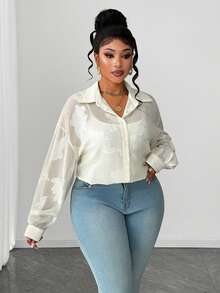 Maweii Blusa de manga larga holgada, versátil y sencilla con textura de jacquard semitransparente para mujer talla grande, para primavera/otoño - Albaricoque - Ver 1
