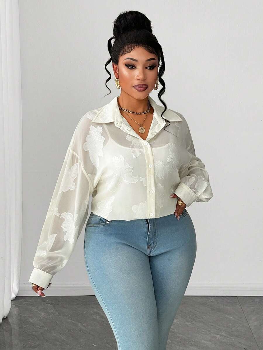 Maweii Blusa de manga larga holgada, versátil y sencilla con textura de jacquard semitransparente para mujer talla grande, para primavera/otoño - Albaricoque - Ver 1
