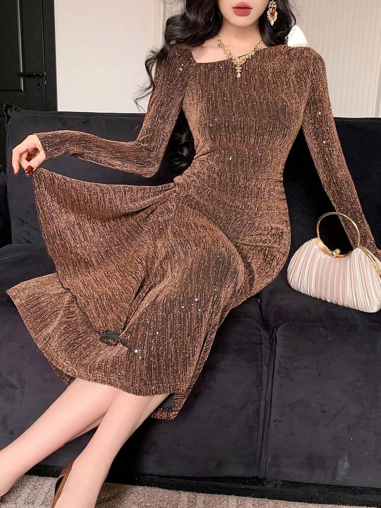 Women's Asymmetric Neck Long Sleeve Shiny Elegant Dress Maxi Dress