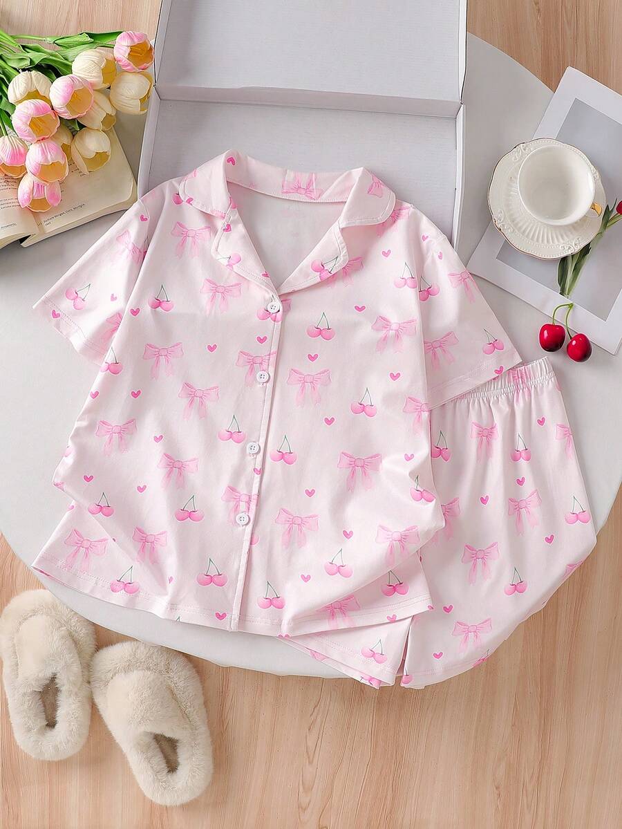 Bộ đồ ngủ cho bé gái tuổi teen, áo ngắn tay in họa tiết bướm màu xanh nhạt, cài nút phía trước và quần short, đồ ngủ 2 món thời trang và thanh lịch - Màu Hồng baby - Xem 1