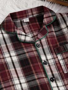 Teenage Boys/Men's Casual Red Plaid Print Fabric Long Sleeve Cardigan And Pants Loungewear Set Boys Plaid Pajamas Teen Boys Pajamas-Pajama Set Crew Neck Or Shirt Collar Long Sleeve Long Pants Plaid Burgundy White Check Four Season 2026 New Year Essential Versatile And Comfortable Warm And Cute Style - Red - View 5