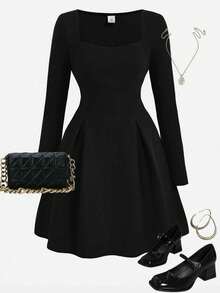 Girlism 优雅休闲方领收腰连衣裙，适合青少年女孩，秋冬季节、派对、外出等场合穿着。 - 黑色 - 查看 1