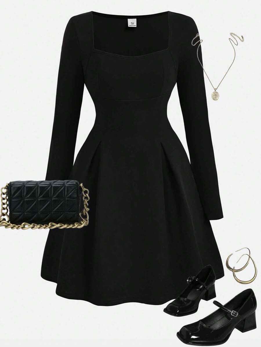 Girlism 优雅休闲方领收腰连衣裙，适合青少年女孩，秋冬季节、派对、外出等场合穿着。 - 黑色 - 查看 1