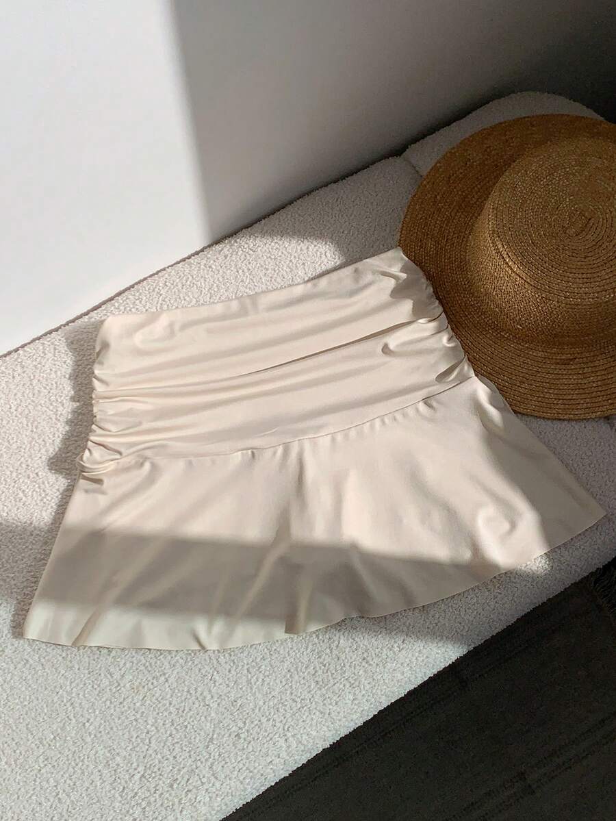 Comfortcana 夏季卡其色 Y2k 纯色褶皱荷叶边下摆半身裙迷你裙 - 卡其色 - 查看 1