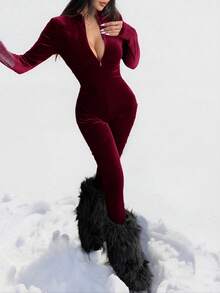 SHEIN EZwear Bộ đồ liền thân nhung đỏ tía có khóa kéo phía trước dành cho nữ, bộ đồ liền thân Giáng sinh, bộ đồ liền thân ngày lễ tình nhân - Màu Đỏ Sâu - Xem 4