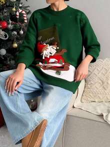 Jersey holgado de cuello redondo de manga larga tejido con decoración de árbol de Navidad 3D jacquard, beige, mujer, otoño/invierno - Verde - Ver 3