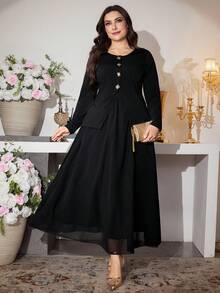 Modelyn Elegant Women's Black Long Sleeve Round Neck Plain Polyester Long Skirt Co-Ord Set With Contrast Mesh Detail Long Sleeve Elegant Dress - Black - View 1