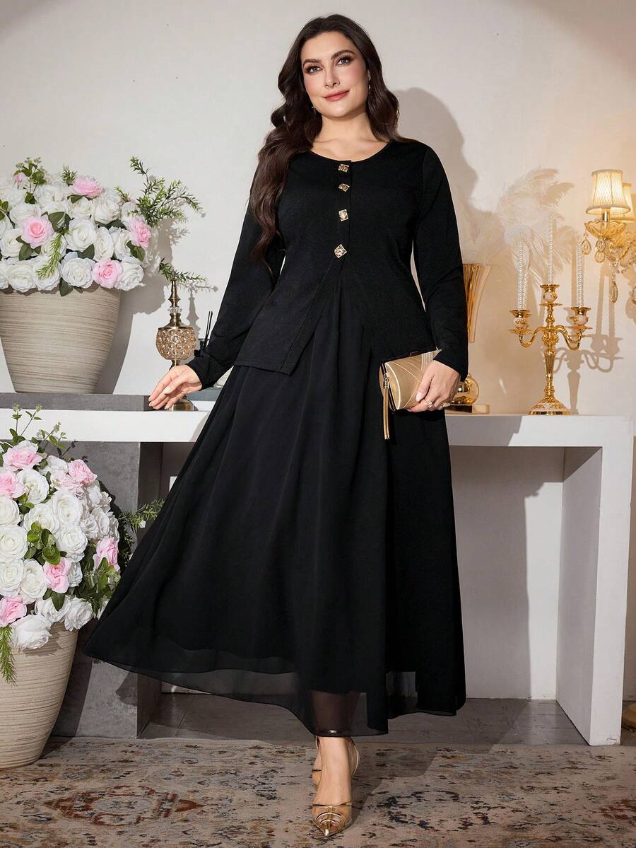 Modelyn Elegant Women's Black Long Sleeve Round Neck Plain Polyester Long Skirt Co-Ord Set With Contrast Mesh Detail Long Sleeve Elegant Dress - Black - View 1