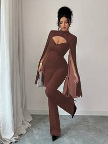 SHEIN Elenzya Mono de mujer con cuello alto, diseño hueco y brillos, mono ajustado de fiesta de moda - Café integral - Ver 6