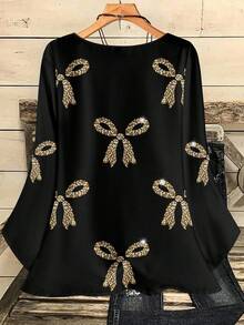 EMERY ROSE 大码女式仿亮片蝴蝶结印花休闲宽松圆领七分袖上衣，适合新年派对 - 彩色 - 查看 2