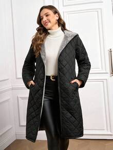 SHEIN Clasi Áo khoác nữ cỡ lớn Curve Plus Size màu đen phối xám đậm, lót lông dày dặn, tay dài, có mũ, kiểu dáng thường ngày, chần bông, giữ ấm tốt, thoải mái và ấm áp, mẫu mới 2025, mùa đông cho nữ, phong cách cổ điển, đi chơi, mùa thu, áo khoác dáng dài, mùa đông cho nữ, cỡ lớn mùa thu, công sở cho nữ, mùa thu cho nữ, sang trọng cho nữ, mùa thu cho nữ, trang phục Halloween, áo khoác mùa đông Halloween cho nữ. - màu đen - Xem 7