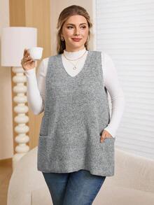 Rosumi Plus Size Casual Inner Layer Versatile Basic V-Neck Large Neckline Black Pocketed Loose Pullover Autumn Winter Sweater Vestbusiness Casual Woman,Holiday Outfits,Country Tops