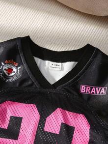 SHEIN Playful Pals 2pcs Baby Girl Cute Summer Black Pink Football Jersey Number 23 Print T-Shirt & Puffy Bubble Tutu Skirt Set,Vacation Cheerleader Sporty Outfit Clothes - Multicolor - View 3