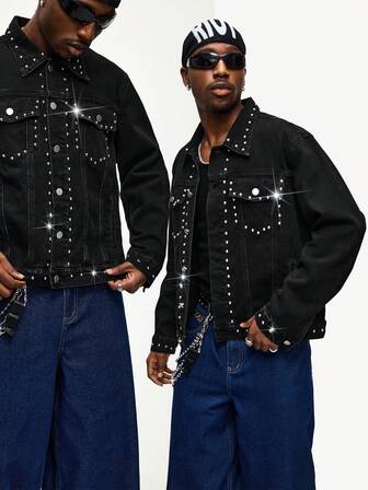 Giacca di jeans da uomo con colletto alla coreana, monopetto, decorata con rivetti, versatile e alla moda