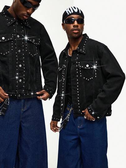 جاكيت جينز رجالية بياقة منقلبة وأزرار فردية مزينة بالزنابير، متعددة الاستخدامات وعصرية