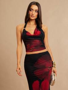 Silquee This Two-Piece Set Features A Red Digital Floral Print Knitted Stretch Mesh Top With A Fitted, Droopy Neckline And Metallic Embellishments, A Backless Design, And A Fishtail Skirt. - Black - View 4