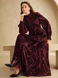 Anewsta فستان بياقة عالية مطرز بزهور مخملية بنمط A-line، لون بوردو، موسم الخريف، مقاس كبير