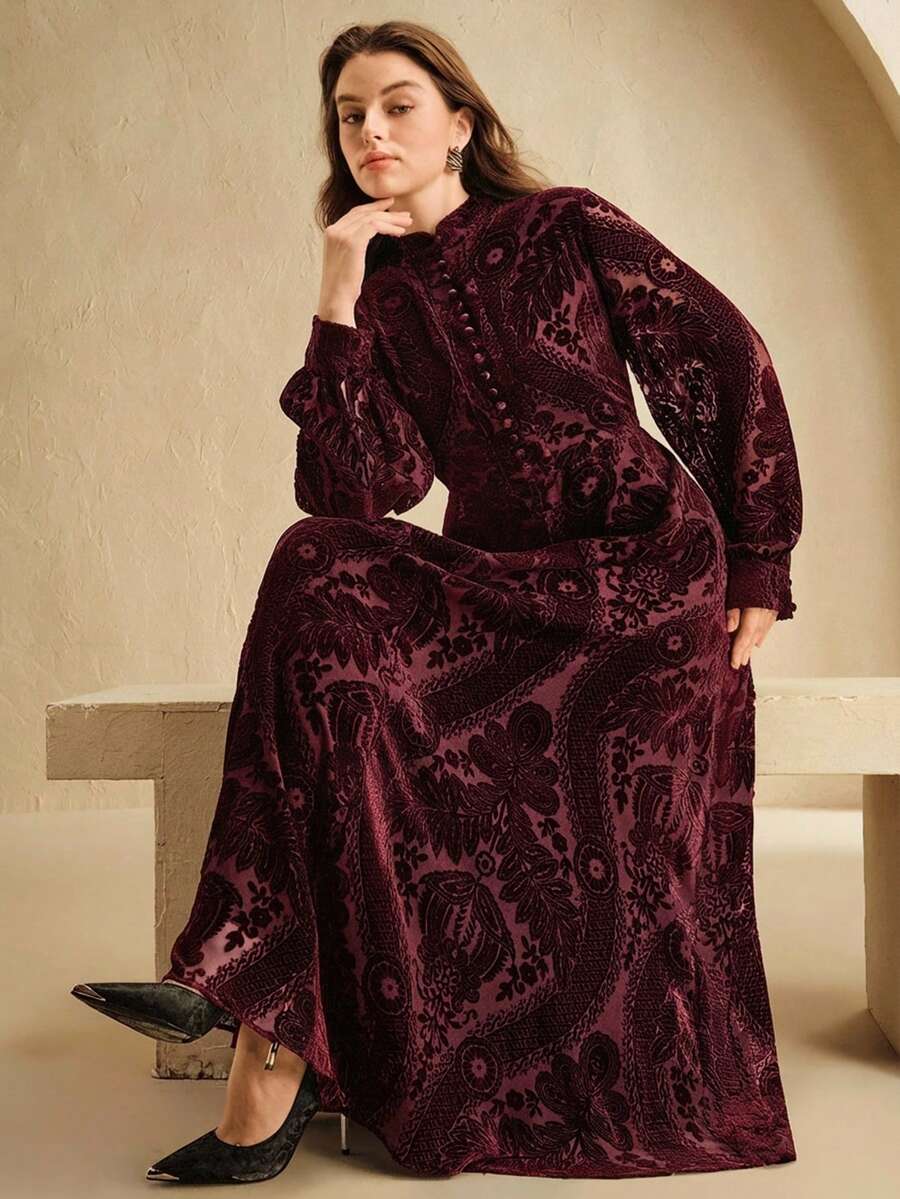 Anewsta Đầm dáng chữ A cỡ lớn màu đỏ tía, chất liệu nhung, họa tiết chấm bi, cổ đứng. - Màu Đỏ Sâu - Xem 1