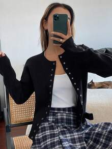 DAZY Women's Solid Color Fitted Long Sleeve Round Neck Elegant Casual Knit Cardigan, Spring/Autumn - Black - View 6