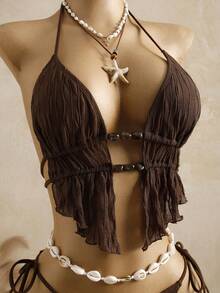 Bellisia 棕色纹理针织串珠石女士吊带比基尼上衣 - 彩色 - 查看 3