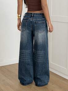 SHEIN PETITE 秋冬季女士休闲度假日常水洗斜插口袋直筒牛仔裤 - 深色水洗藍 - 查看 3