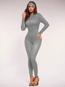 Radiana Women's Houndstooth Printed Casual Unitard Cropped Long Sleeve Zipper Design Stand Collar Jumpsuit - Multicolor - View 5
