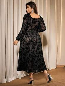 Elaquor 加大码优雅时尚 V 领扭结中长款植绒紧身连衣裙，适合正式活动和派对季节，秋冬季 - 黑色 - 查看 3