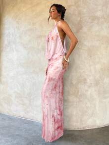 Aloruh 女士新款夏季连衣裙，扎染印花波西米亚风薄纱罩衫，优雅性感浪漫复古深V领垂褶长裙，女士度假装，女士沙滩裙 - 淺粉色 - 查看 5