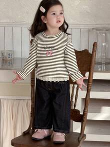 DAZY 女童圆领条纹蝴蝶结字母印花休闲上衣，春秋季 - 杏色 - 查看 1