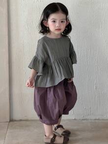 DAZY Toddler Girls' Casual Ruffle Trim Round Neck Top