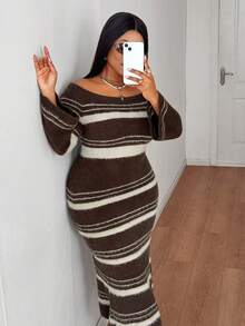 Maweii Women's Elegant White Autumn Off-Shoulder Striped Sweater Dress, Sequin Long Knit Plus Size Outfit, Luxury Brown/Coffee Long-Sleeve Dress - Multicolor - View 5