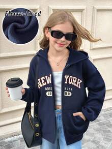 SHEIN Serisse Kids 少女休闲日常校服字母印花拉链卫衣，带口袋，保暖内衬，适合返校季秋冬季穿着 - 寶藍色 - 查看 3