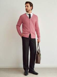 Manfinity Homme Cárdigan casual minimalista de unicolor para hombre - Rosado Sandía - Ver 6